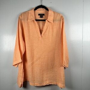 Tahari Linen Shirt Tunic Top 3/4 Sleeve Popover Bright Orange Women Plus Size 1X